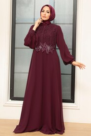  Long Sleeve Plum Color Islamic Dress 25819MU - 1