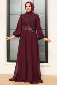  Long Sleeve Plum Color Islamic Dress 25819MU - 2