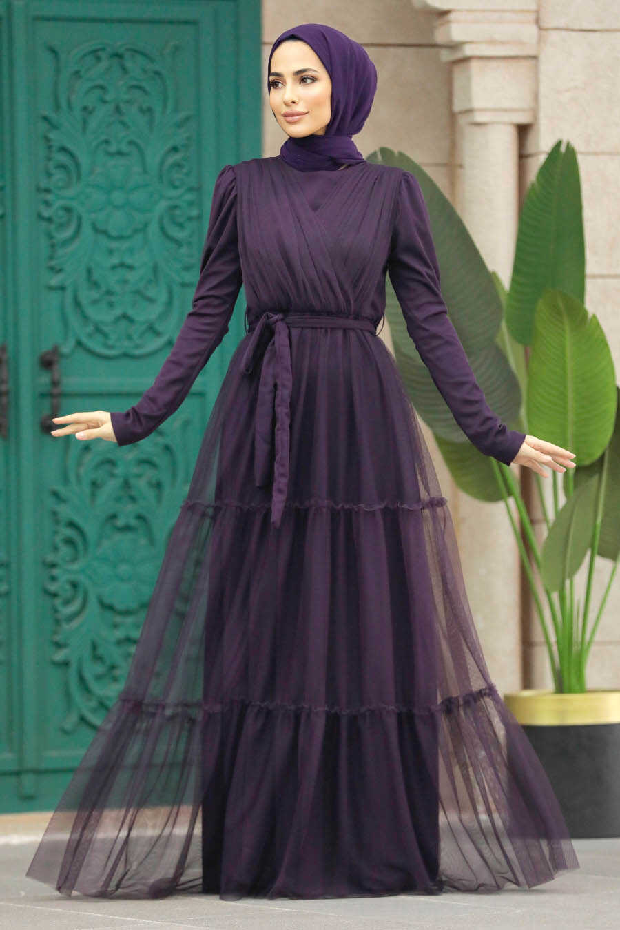 Neva Style - Long Sleeve Plum Color Muslim Evening Dress 55621MU