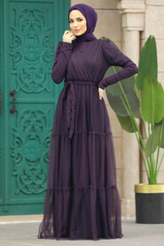 Neva Style - Long Sleeve Plum Color Muslim Evening Dress 55621MU - Thumbnail