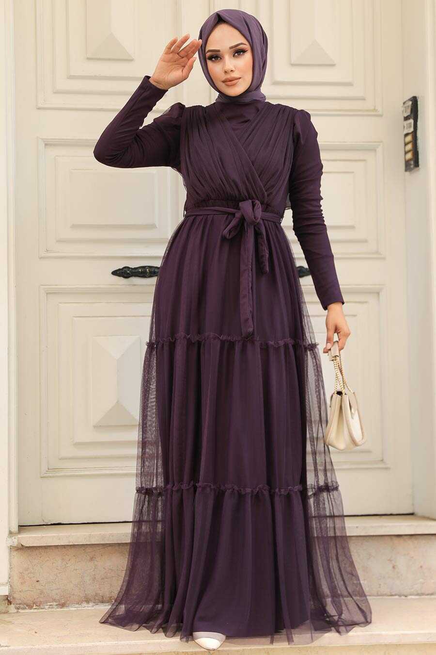 Long Sleeve Plum Color Muslim Evening Dress 55621MU - Neva-style.com