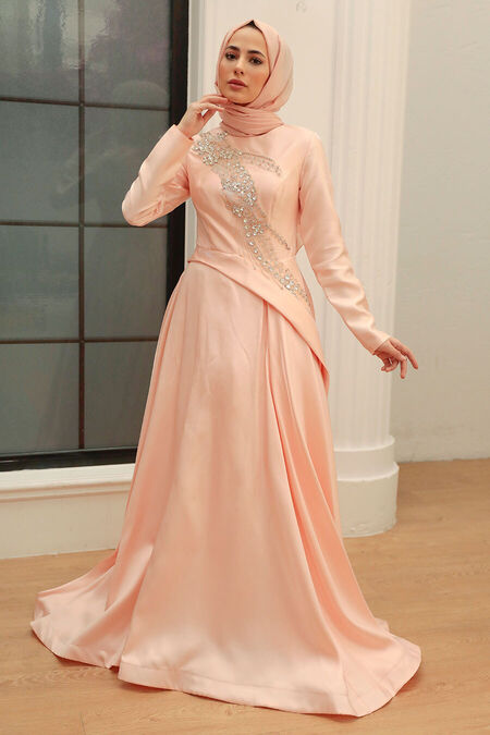 Long Sleeve Powder Pink Islamic Long Sleeve Maxi Dress 234PD - NEVA STYLE