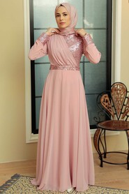  Long Sleeve Powder Pink Muslim Bridal Dress 5793PD - 1