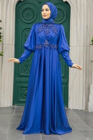  Long Sleeve Sax Blue Muslim Evening Dress 25822SX - 2