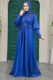  Long Sleeve Sax Blue Muslim Evening Dress 25822SX - 1