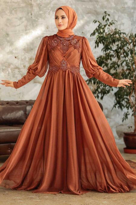  Long Sleeve Sunuff Colored Muslim Evening Dress 25822TB - NEVA STYLE