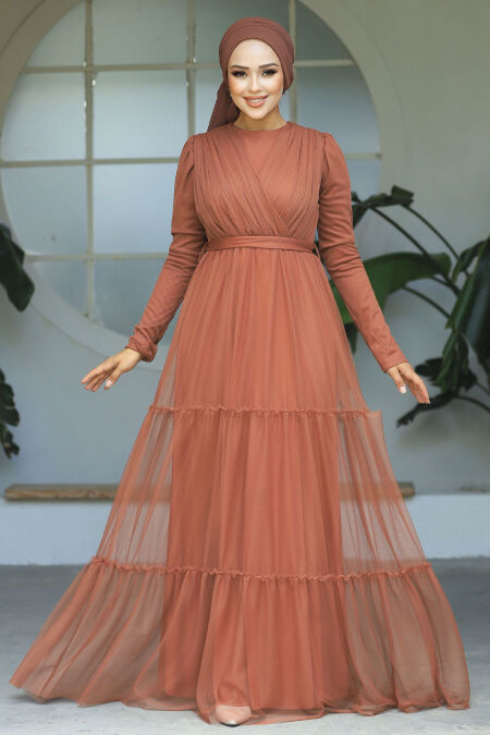 Neva Style - Long Sleeve Sunuff Colored Muslim Evening Dress 55621TB - NEVA STYLE