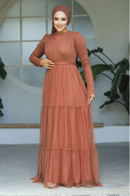 Neva Style - Long Sleeve Sunuff Colored Muslim Evening Dress 55621TB - 2