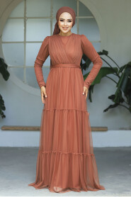 Neva Style - Long Sleeve Sunuff Colored Muslim Evening Dress 55621TB - 3