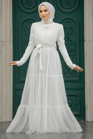 Neva Style - Long Sleeve White Muslim Evening Dress 55621B - Thumbnail