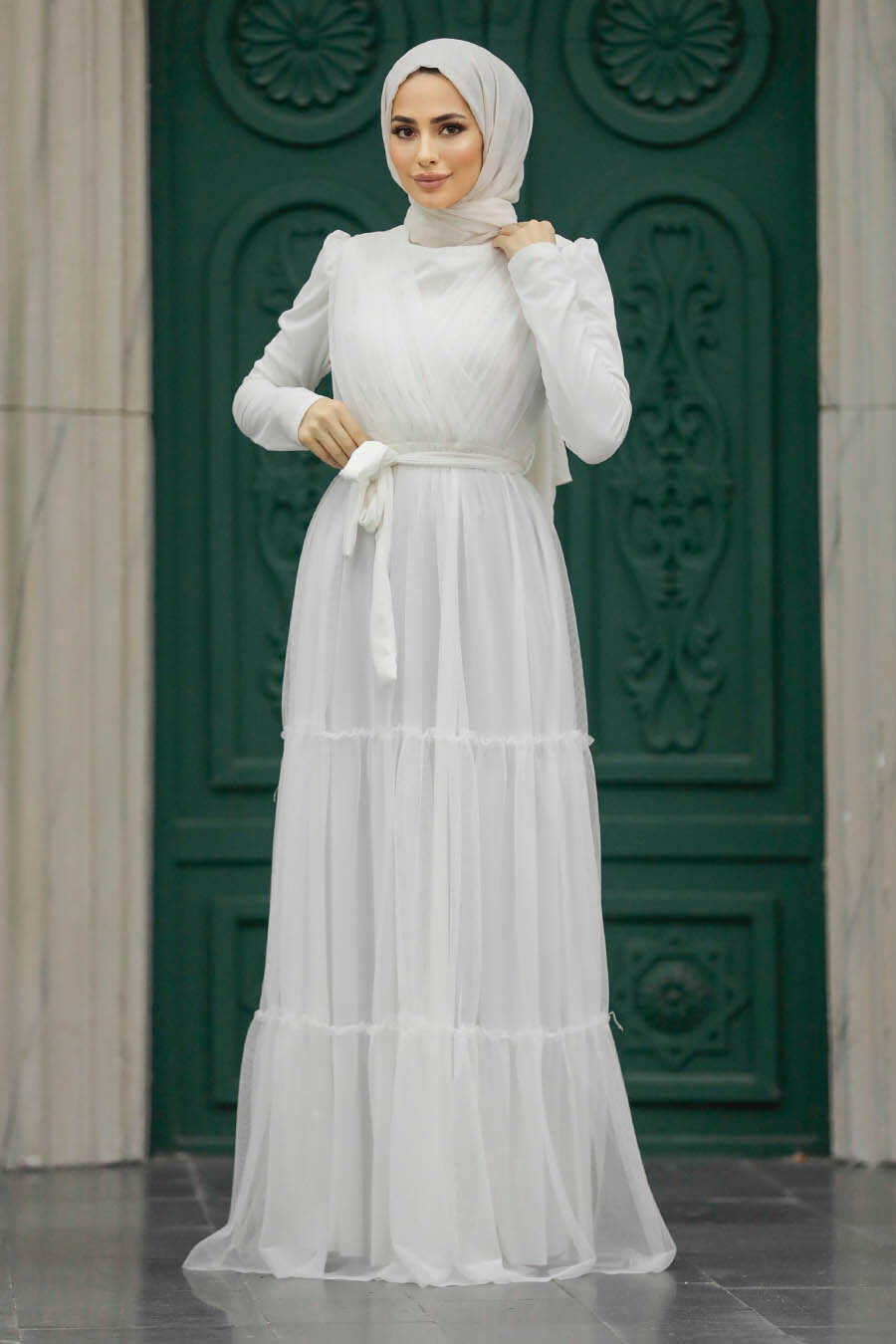 Neva Style - Long Sleeve White Muslim Evening Dress 55621B