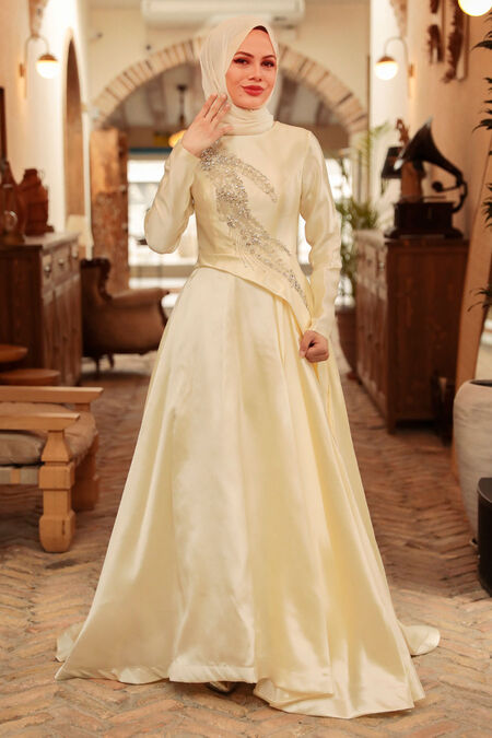  Long Sleeve Yellow Islamic Long Sleeve Maxi Dress 234SR - NEVA STYLE