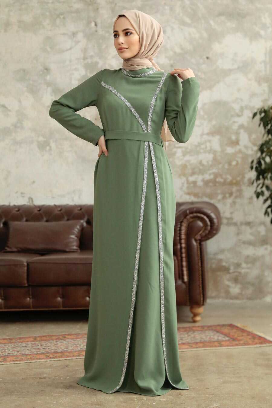 Neva Style - Long Sleeve Khaki Muslim Evening Gown 37261HK