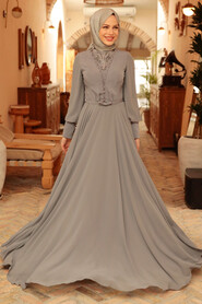  Long Smoke Color Muslim Prom Dress 750FU - 1