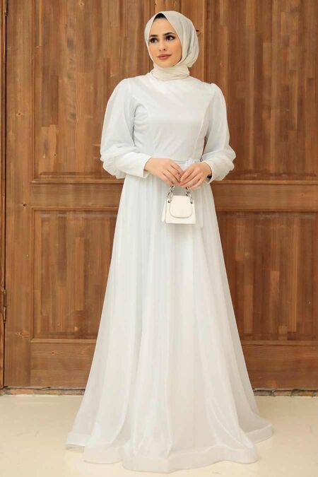 Ecru Hijab Turkish Modest Wedding Dress 22070E 