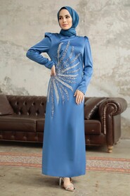  Luxorious İndigo Blue Muslim Evening Dress 38102IM - 2