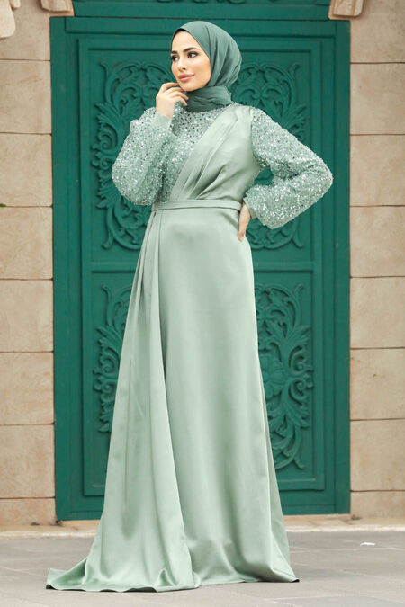  Luxorious Almond Green Muslim Bridesmaid Dress 2311CY - NEVA STYLE