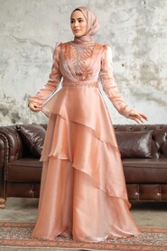  Luxorious Biscuit Islamic Clothing Evening Dress 38221BS - 1