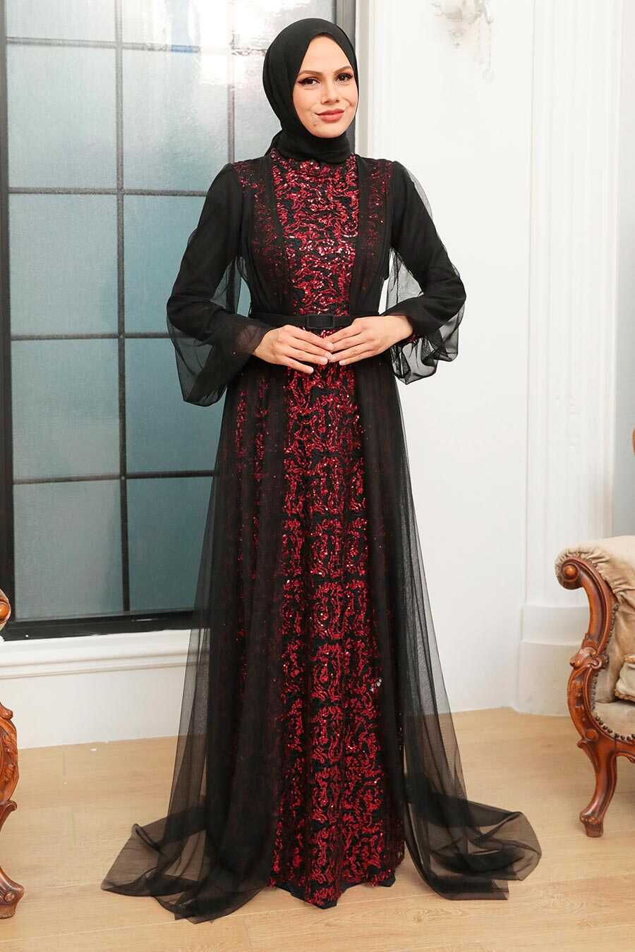  Luxorious Black Claret Red Islamic Evening Gown 5383SBR