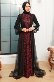  Luxorious Black Claret Red Islamic Evening Gown 5383SBR - Thumbnail