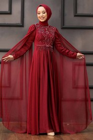  Luxorious Claret Red Islamic Clothing Evening Dress 22162BR - 3