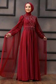  Luxorious Claret Red Islamic Clothing Evening Dress 22162BR - 1