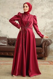  Luxorious Claret Red Islamic Evening Dress 3915BR - 1