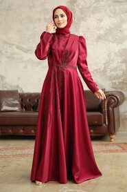  Luxorious Claret Red Islamic Evening Dress 3915BR - 2
