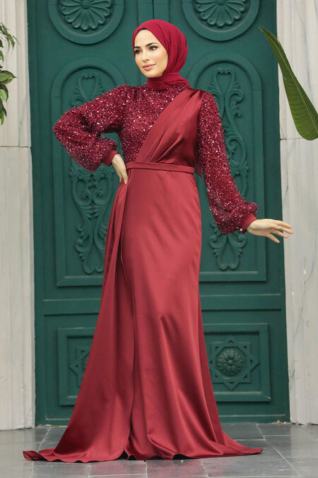  Luxorious Claret Red Muslim Bridesmaid Dress 2311BR - NEVA STYLE