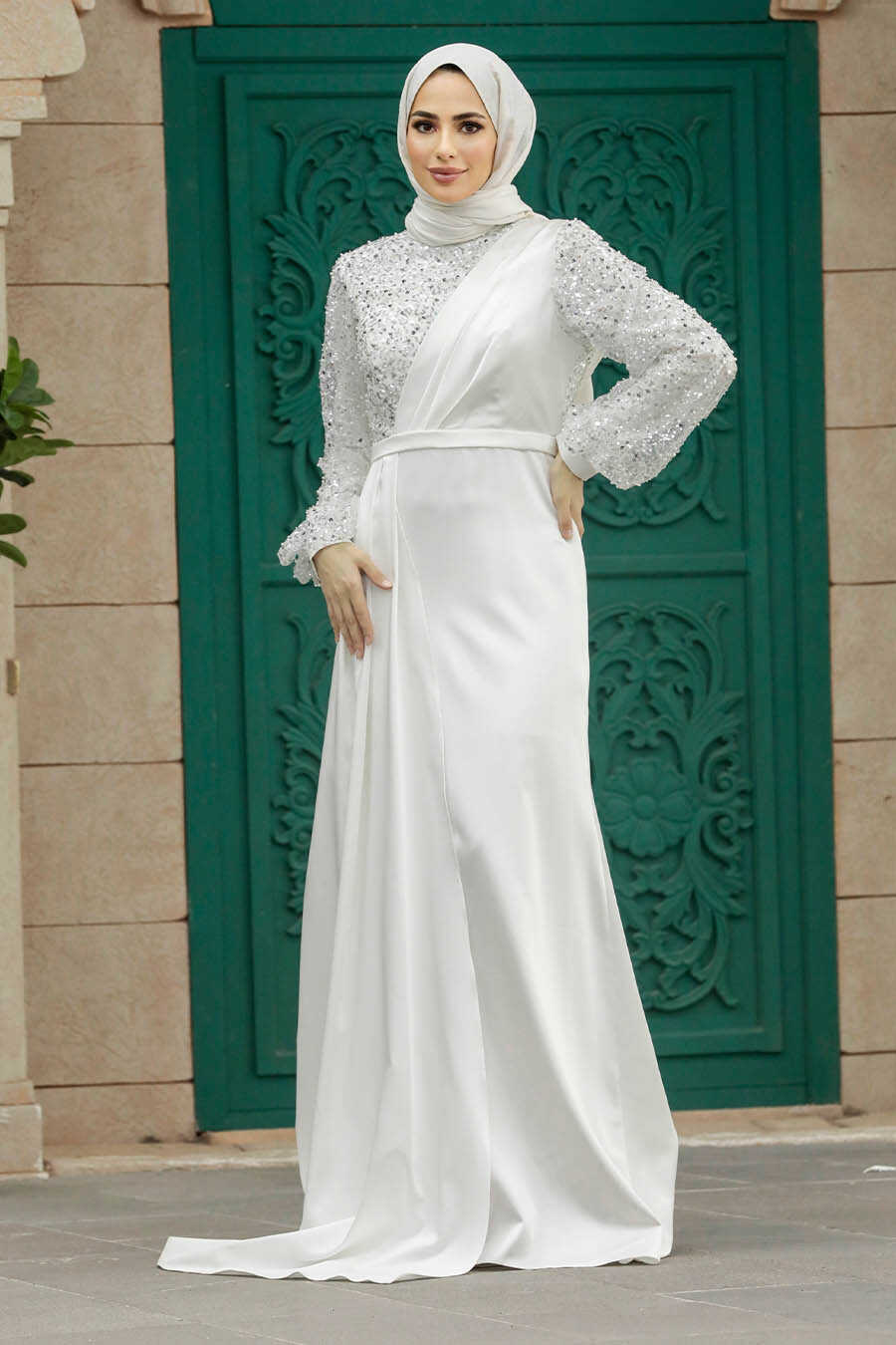 Neva Style - Luxorious Ecru Muslim Bridesmaid Dress 2311E