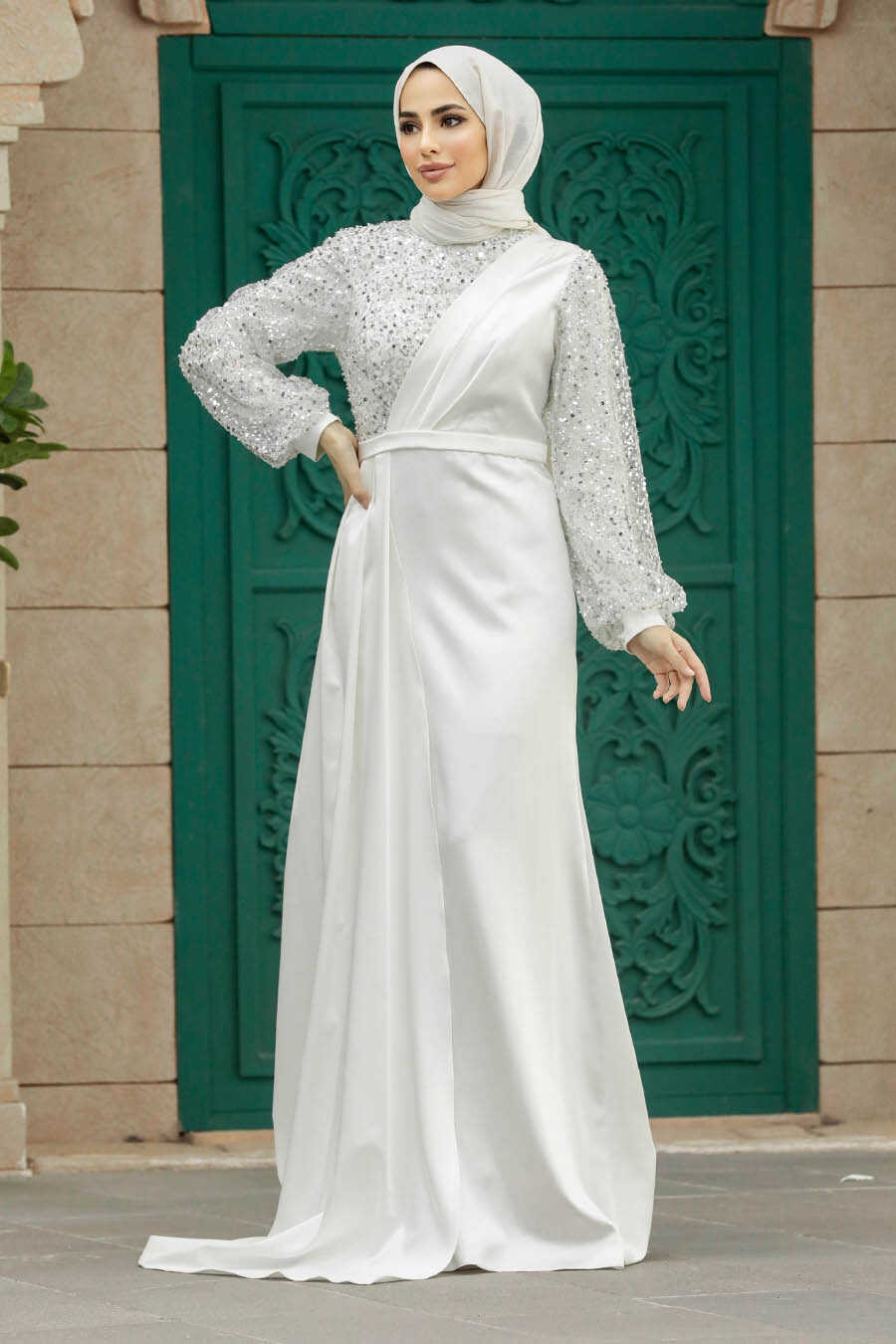 Neva Style - Luxorious Ecru Muslim Bridesmaid Dress 2311E