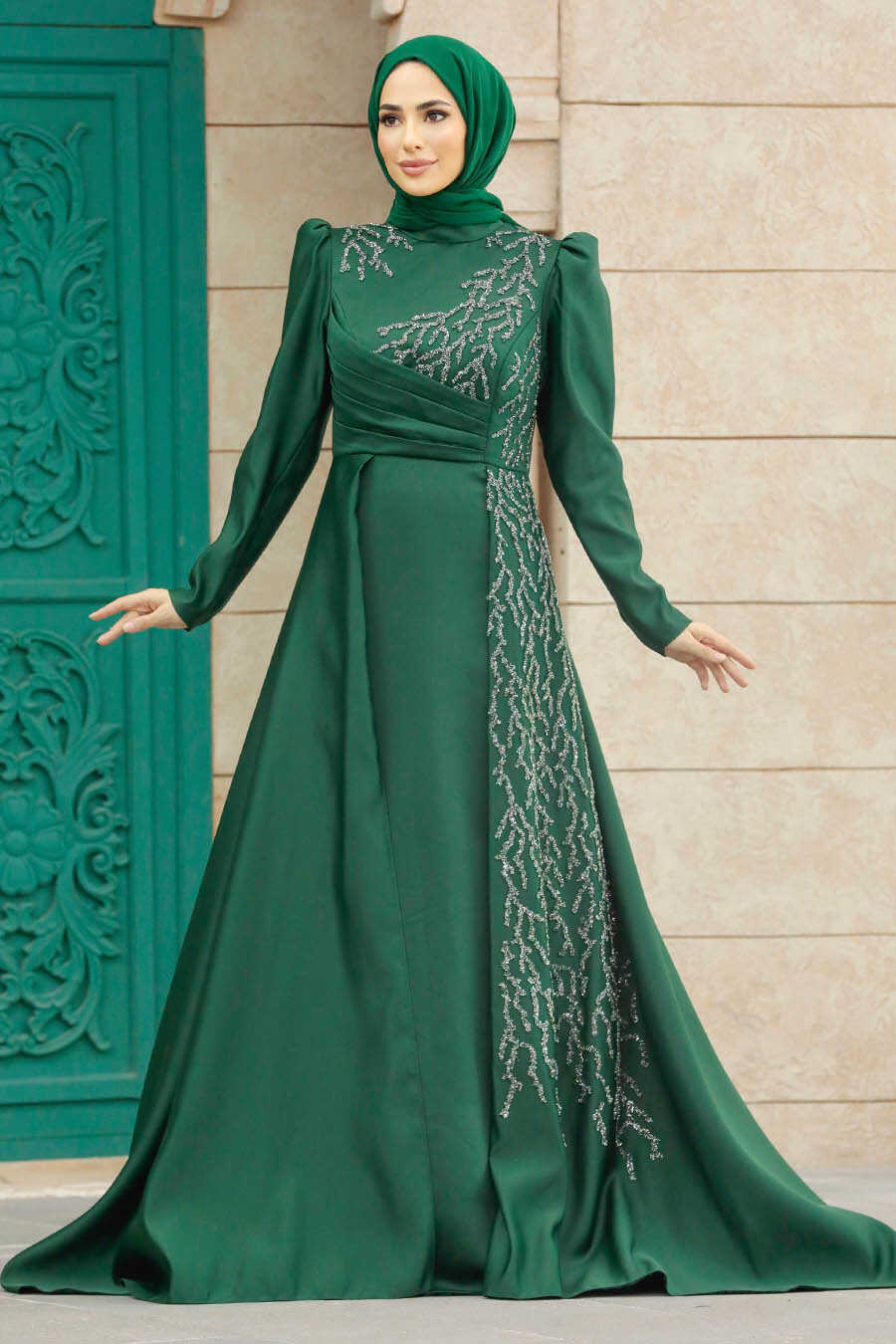 Neva Style - Luxorious Emerald Green Modest Evening Gown 2295ZY