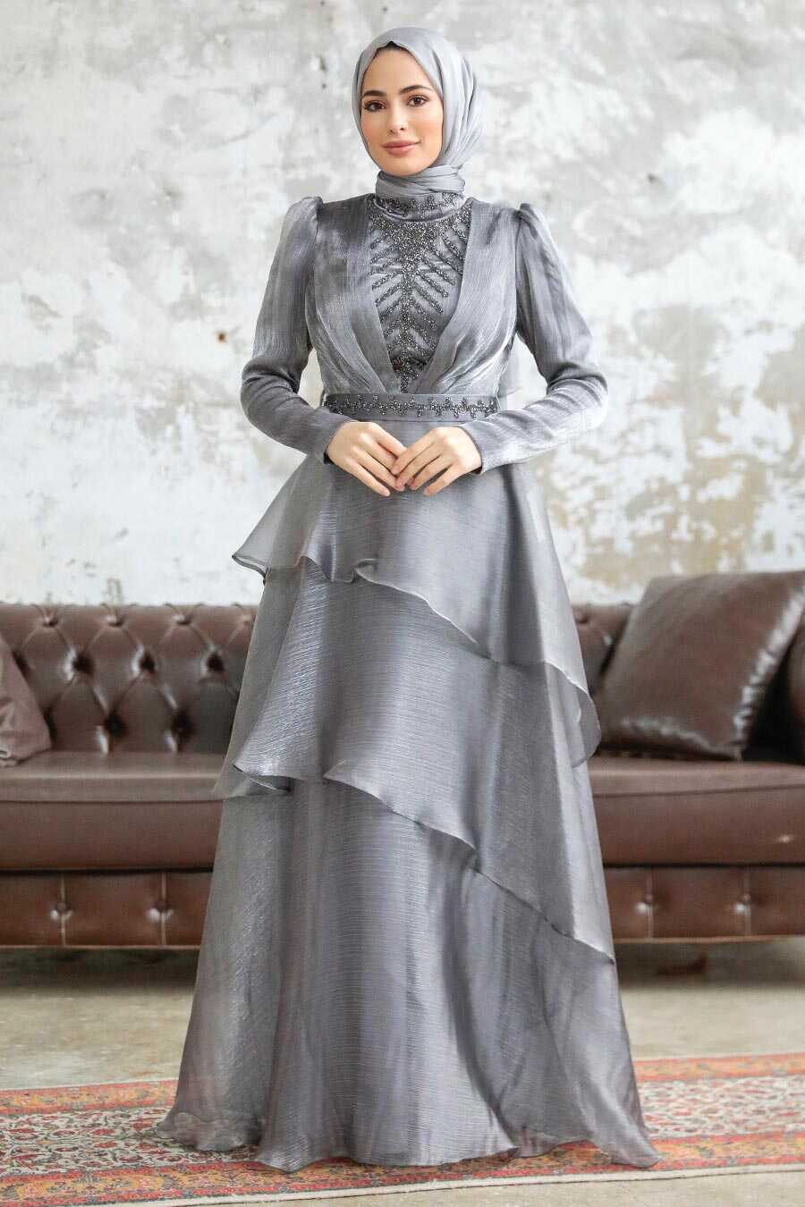 Neva Style - Luxorious Grey Islamic Clothing Evening Dress 38221GR