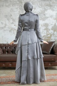 Neva Style - Luxorious Grey Islamic Clothing Evening Dress 38221GR - Thumbnail