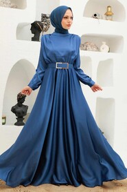  Luxorious İndigo Blue Hijab Engagement Dress 3378IM - 2