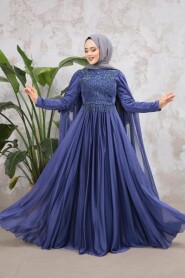  Luxorious İndigo Blue Islamic Clothing Evening Dress 22162IM - 1