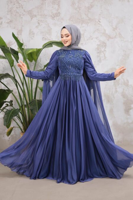  Luxorious İndigo Blue Islamic Clothing Evening Dress 22162IM - NEVA STYLE