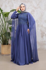  Luxorious İndigo Blue Islamic Clothing Evening Dress 22162IM - 2
