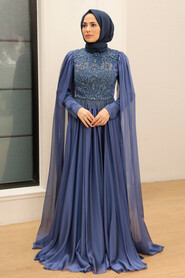  Luxorious İndigo Blue Islamic Clothing Evening Dress 22162IM - 1