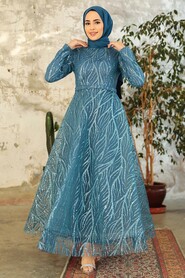  Luxorious İndigo Blue Islamic Prom Dress 22851IM - Thumbnail
