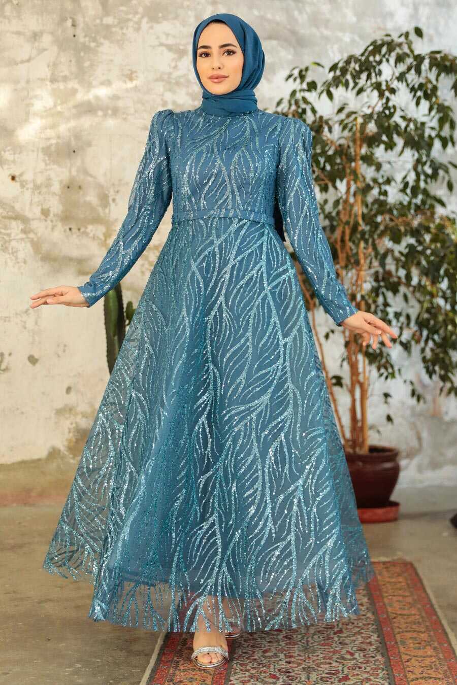  Luxorious İndigo Blue Islamic Prom Dress 22851IM