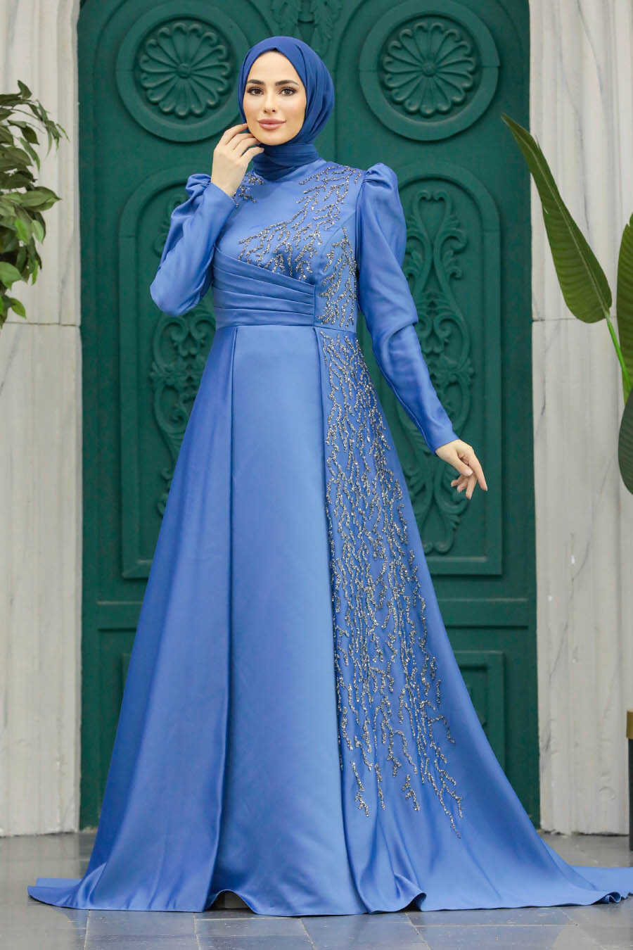 Neva Style - Luxorious İndigo Blue Modest Evening Gown 2295IM