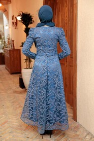  Luxorious İndigo Blue Modest Prom Dress 3330IM - 4