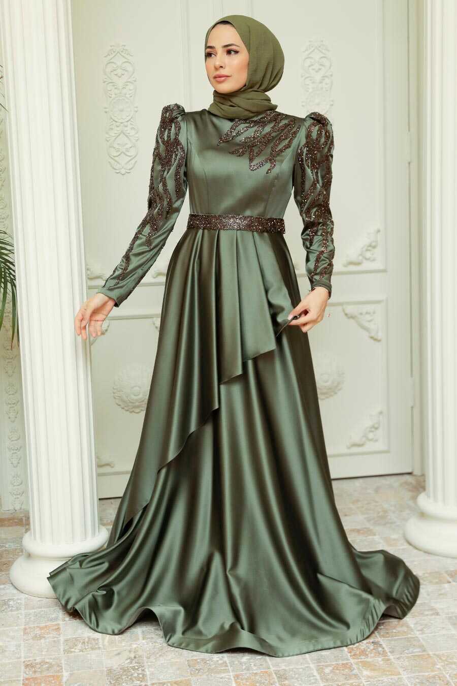 Neva Style - Luxorious Khaki Modest Evening Dress 22671HK