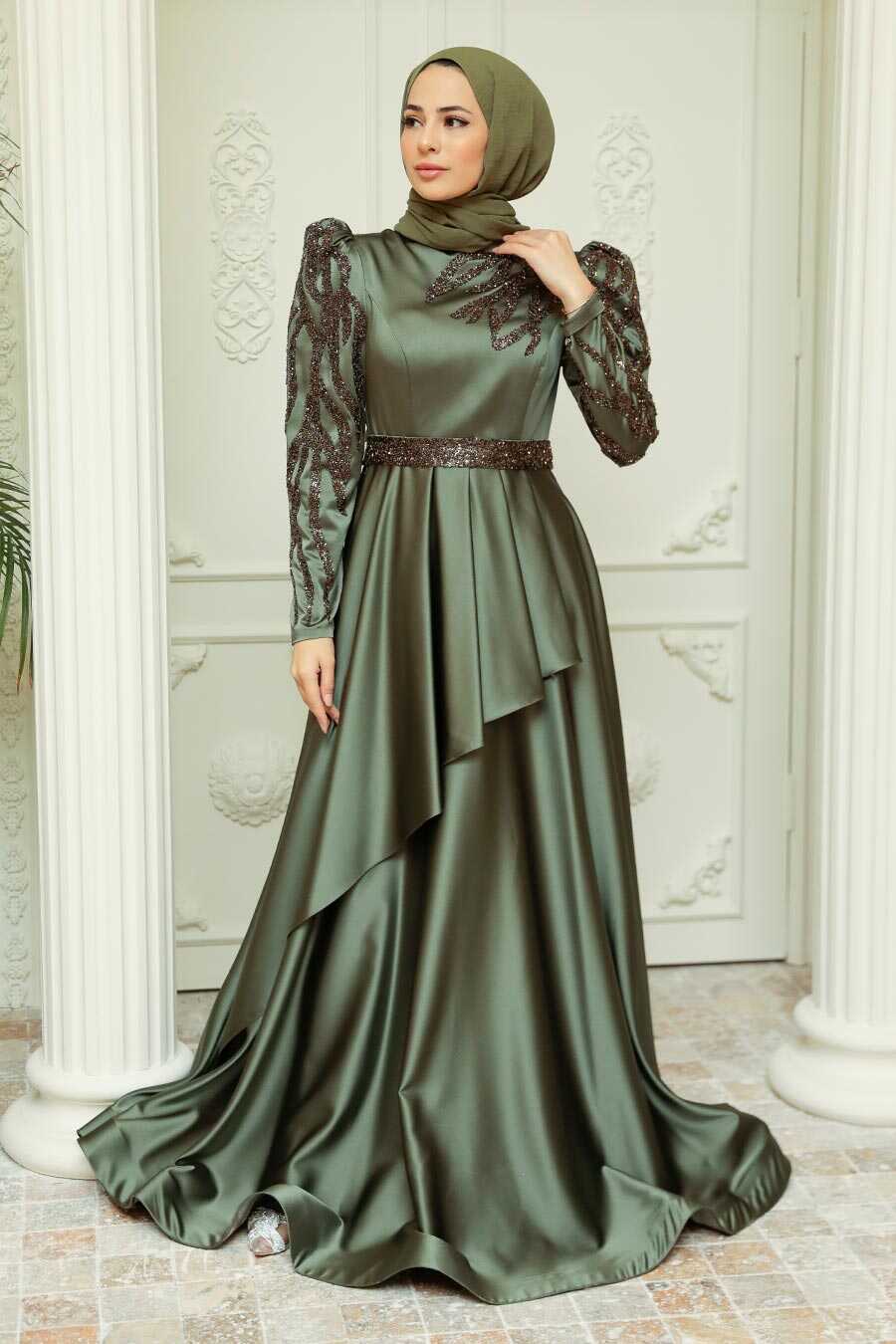 Neva Style - Luxorious Khaki Modest Evening Dress 22671HK