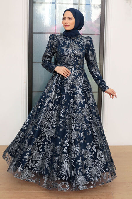  Luxorious Navy Blue Hijab Engagement Gown 22662L - NEVA STYLE