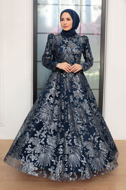  Luxorious Navy Blue Hijab Engagement Gown 22662L - 4