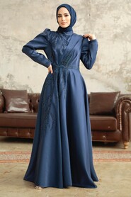  Luxorious Navy Blue Islamic Evening Dress 3915L - 1