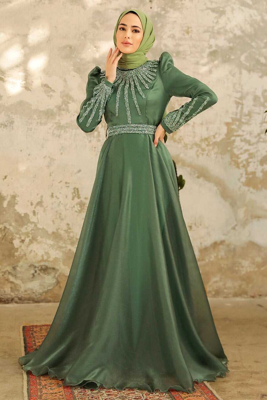 Neva Style - Luxury Almond Green Muslim Evening Gown 3774CY