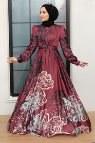  Luxury Claret Red Islamic Bridesmaid Dress 3432BR - 1